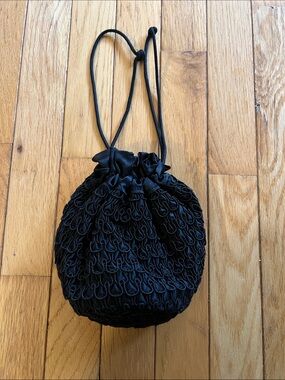 Vintage 60s/70s Black Drawstring Pouch Evening Bag with Beaded Details